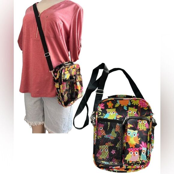 Owl Colorful Print Black Canvas Multi Compartment Crossbody Shoulder Bag - Picture 1 of 6